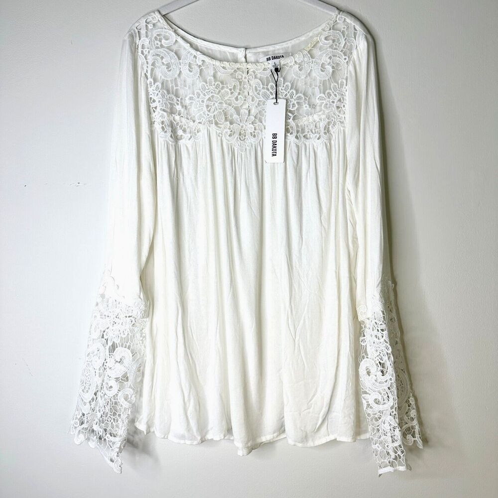 BB Dakota Top Women L White Lace Trim Long Slv Flowy Tunic Boho Fairy Twee NWT